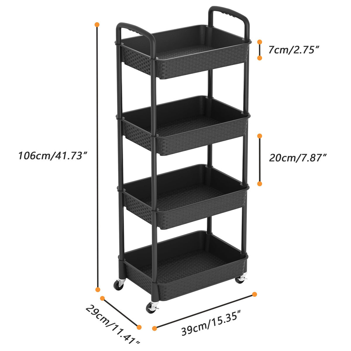 4-Tier Plastic Rolling Utility Cart with Handle, Black