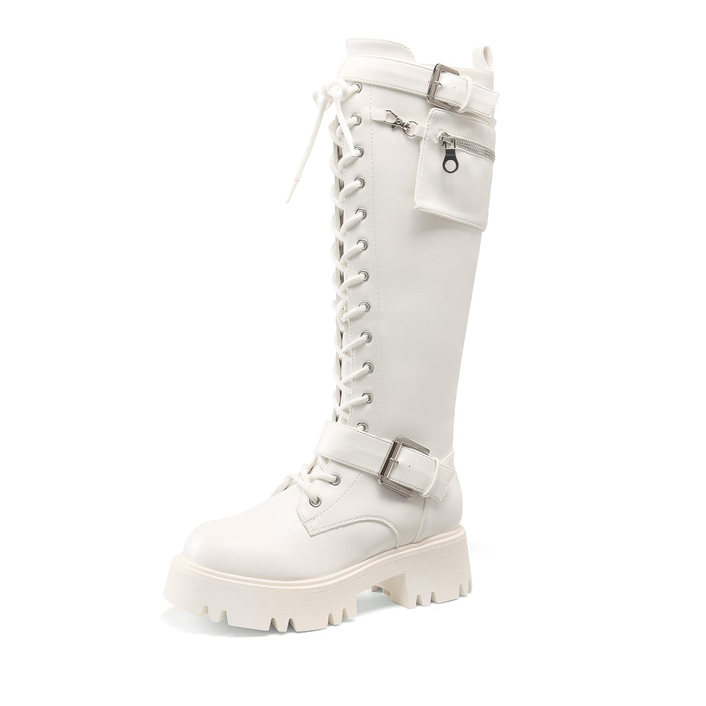 Womens Knee High Combat Boots Platform Heels,White,6