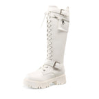 Womens Knee High Combat Boots Platform Heels,White,6