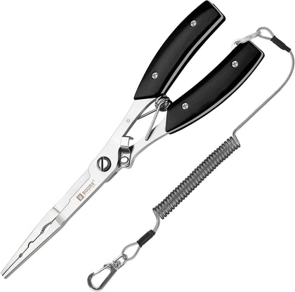 Hook Remover Pliers, Long Nose, Braid Cutter, Lanyard, Black | Slim Long Nose Helps Reach Deep Hooks With Better