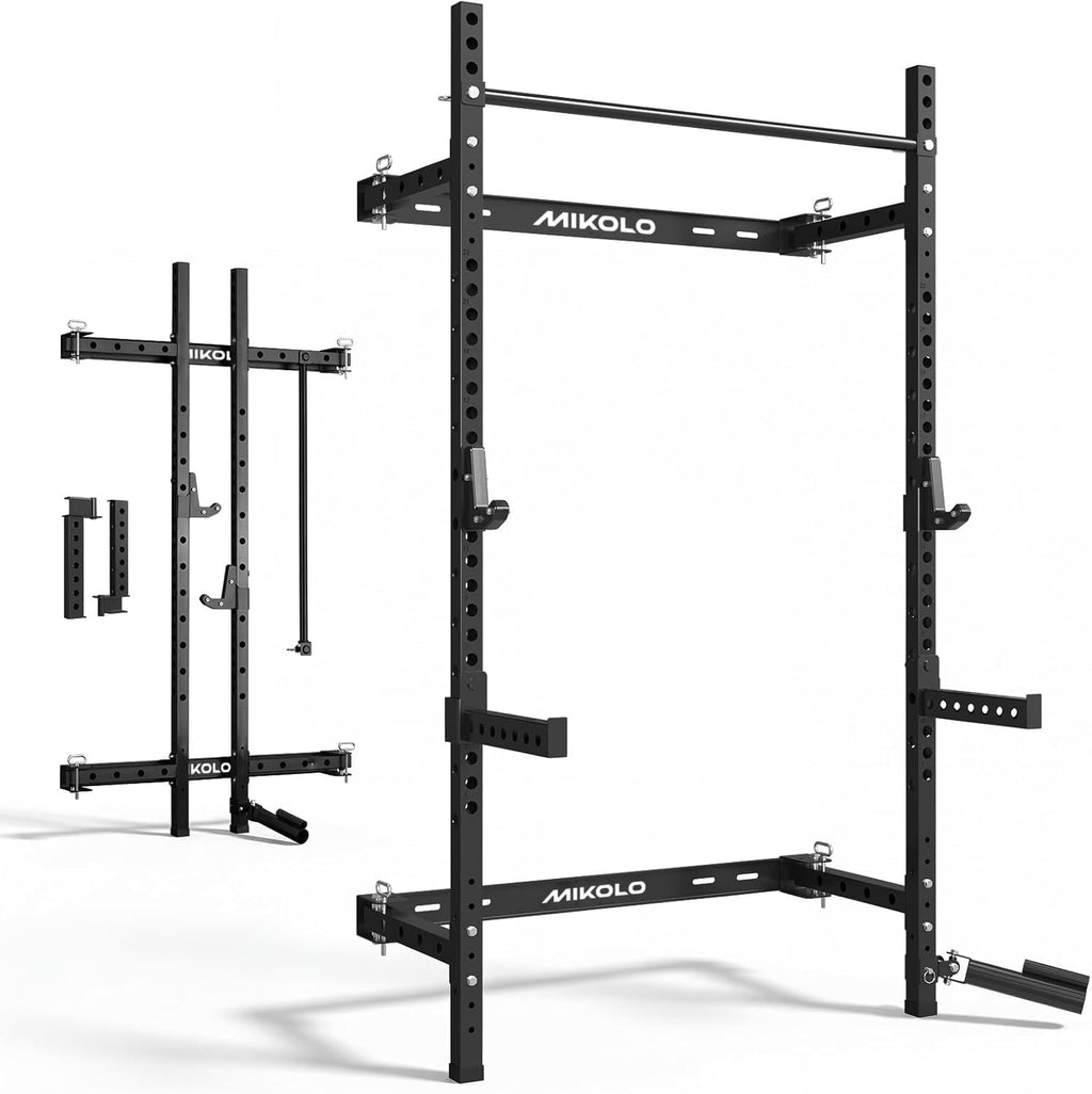 2" x 2" Folding Wall Mounted Squat Rack, 1000 Pounds Capacity Power Rack with Pull Up Bar, J Hooks and Other