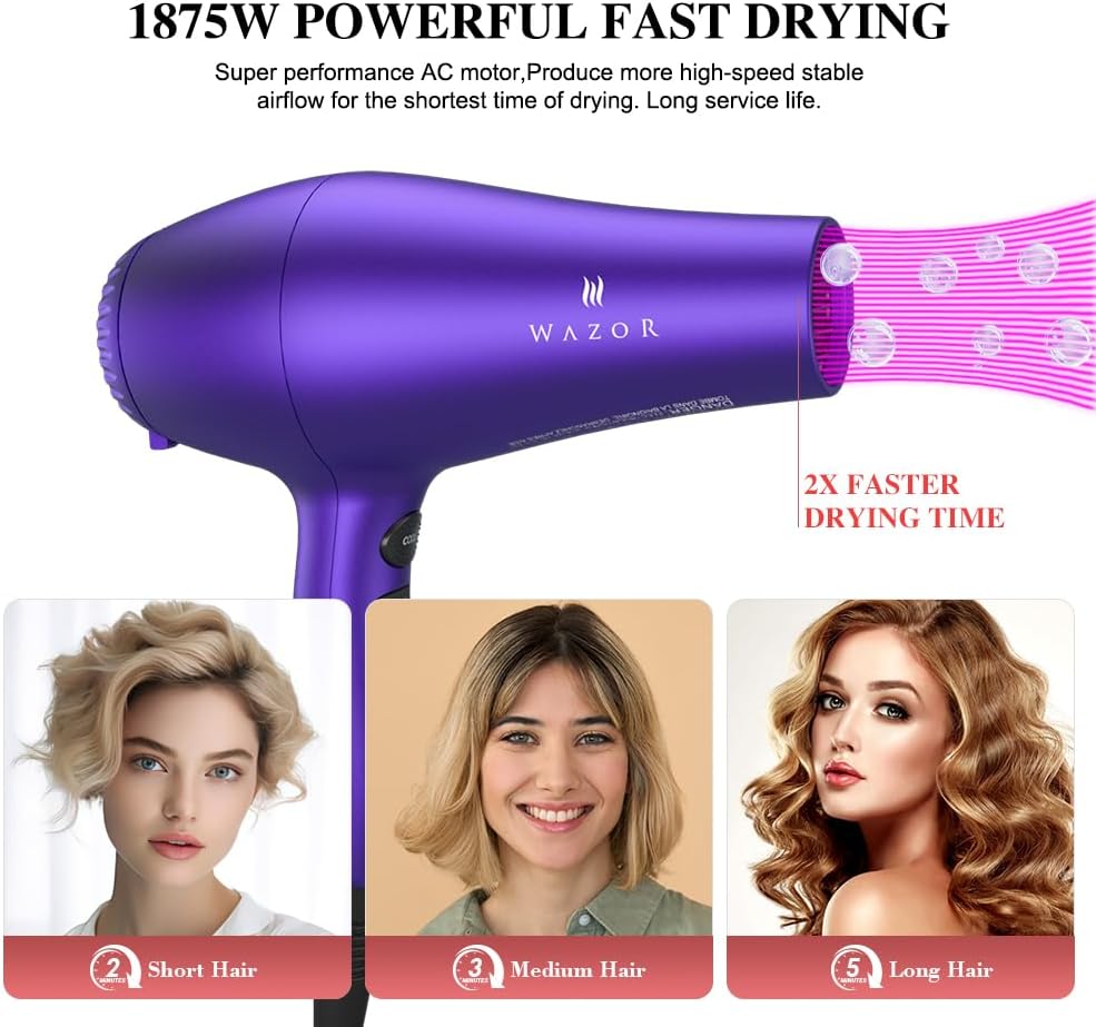 Powerful Hair Dryer - 1875W Ionic Blow Dryer with Diffuser, Nozzle, Comb | Professional Lightweight Fast Drying with
