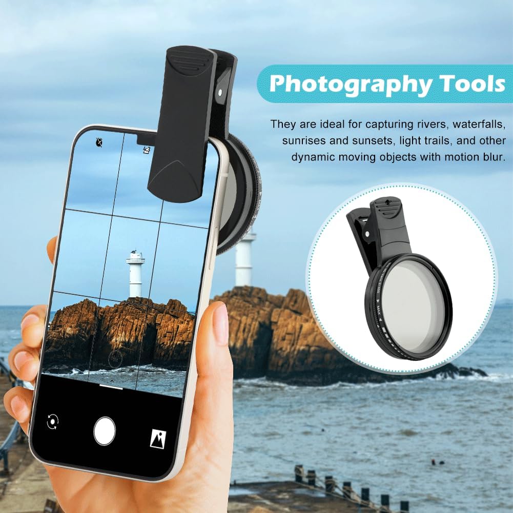 52MM Variable ND2-ND400 Filter, Clip-on Phone Lens ND Filter Kit Multi-Coated Adjustable Neutral Density Filter