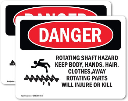 (2 Pack) Rotating Shaft Hazard Keep Body OSHA Danger Sign 10 Inch X 7 Inch Vinyl Label Decal Sticker Weather