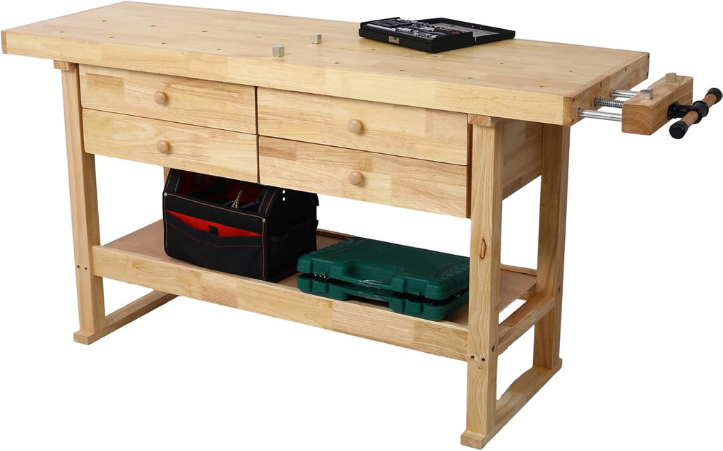 Wood Workbench, 60" Acacia Hardwood Workbench with 4 Drawer, Heavy Duty Work Bench Table, with 2 Bar Clamps Set 20" x