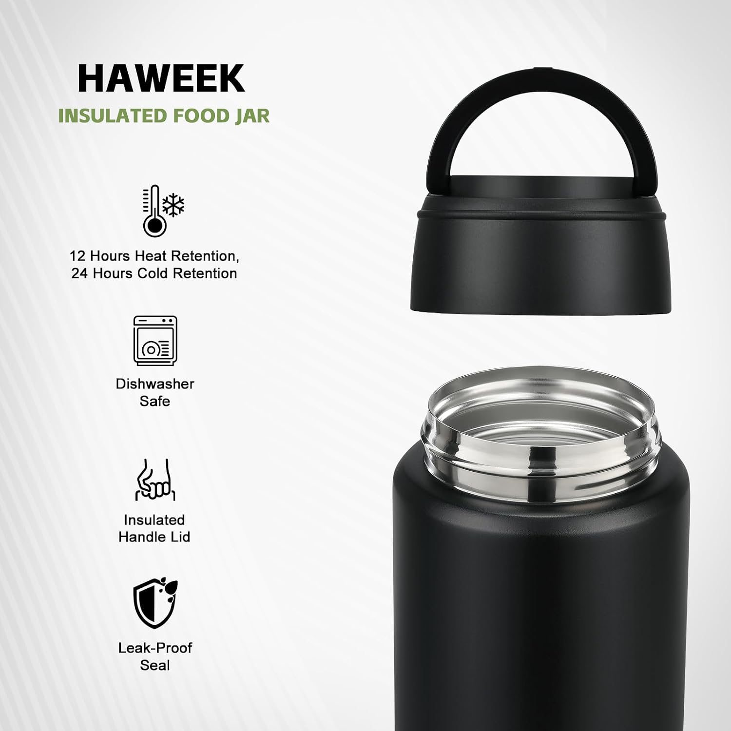 16oz Insulated Food Jar with Spoon, Stainless Steel, Black | insulated food jar, stainless steel, hot 12h cold 24h