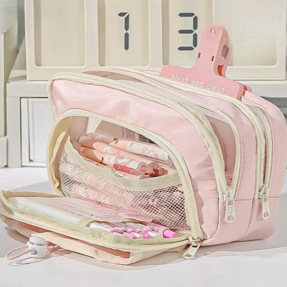 Pencil Case Big Capacity Pen Holder Large Opening Pencil Pouch Box Cute Aesthetic Drawstring Pen Case (Strawberry Pink)