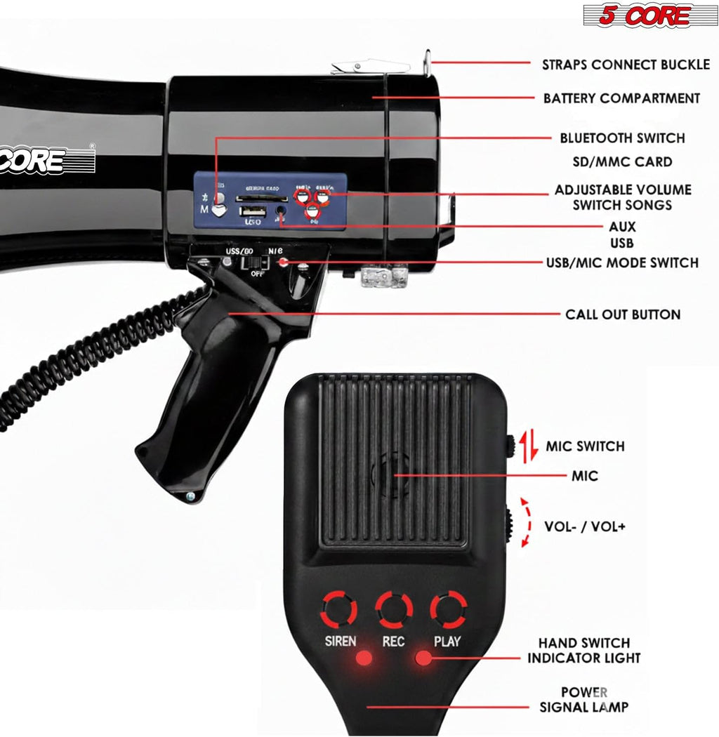 Megaphone Bullhorn 50W Speaker w Bluetooth LED Siren Handheld Mic Adjustable Volume Shoulder Strap Loud Clear Audio