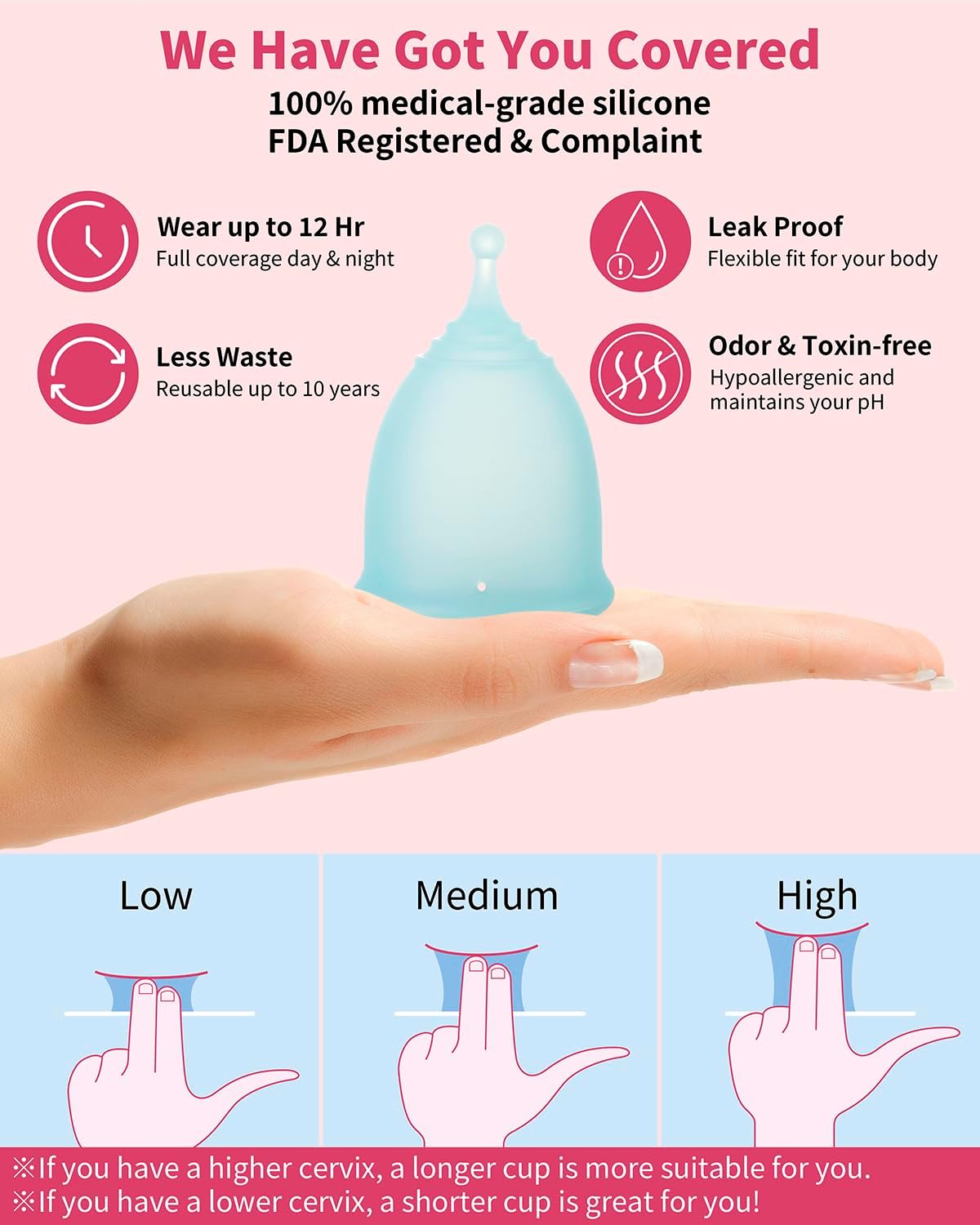 Reusable Menstrual Cup (Small & Large Size) Set of 2, Soft Silicone, Low or High Cervix, Safe Period Cup, Heavy &
