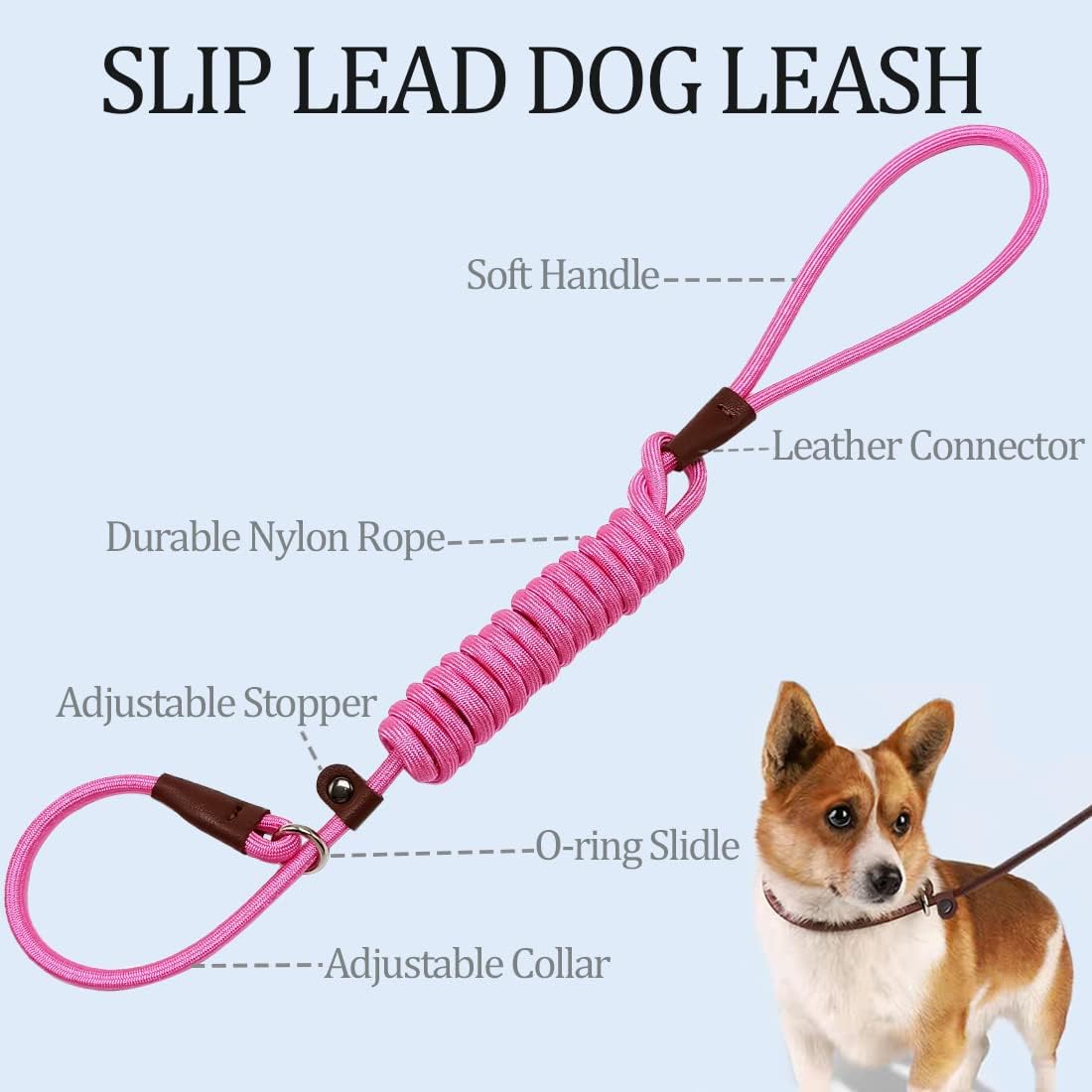 Slip Lead Control Leash for Dogs No Pull, 13+ Colors Classic Dog Lead 7FT Pet Slip Leash, 1/4” Rope Leashes for Small