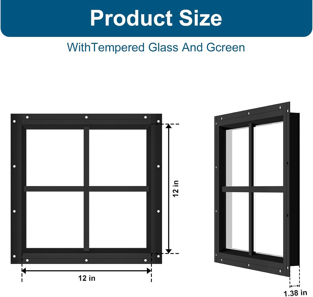 2-Pack Black Shed Transom Windows, 12 x 12 Inch Flush-Mount Tempered Glass