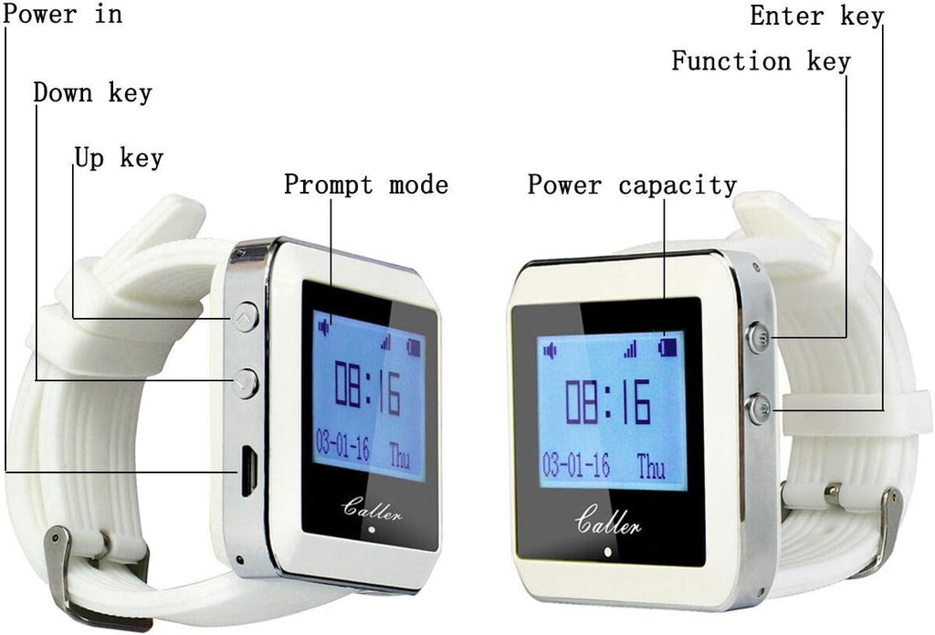 Wireless Pager Calling System Restaurant Guest Paging System Wrist Watch Receiver and Call Button Transmitter 433Mhz