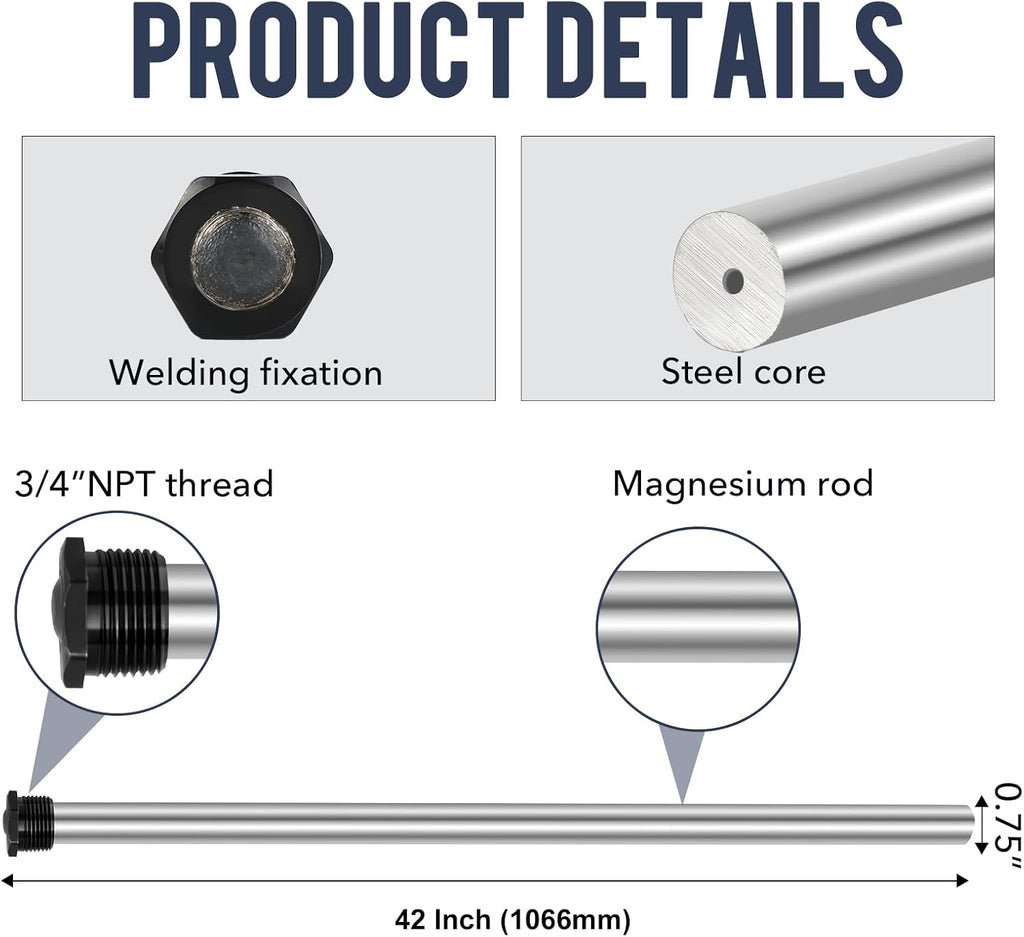 Anode Rod for hot Water Heater Water Heater Anode Rod.42 Inch Long, Compatible with Rheem, A. O. Smith, Giant, Protect The Water Tanks from Corrosion – 3/4NPT Thread