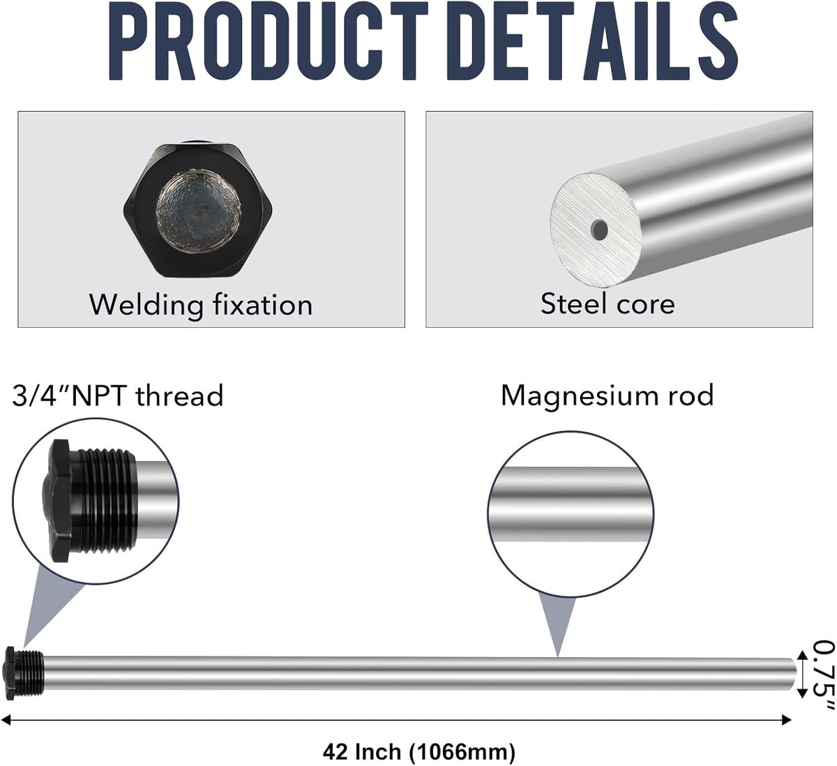 Anode Rod for hot Water Heater Water Heater Anode Rod.42 Inch Long, Compatible with Rheem, A. O. Smith, Giant, Protect The Water Tanks from Corrosion – 3/4NPT Thread