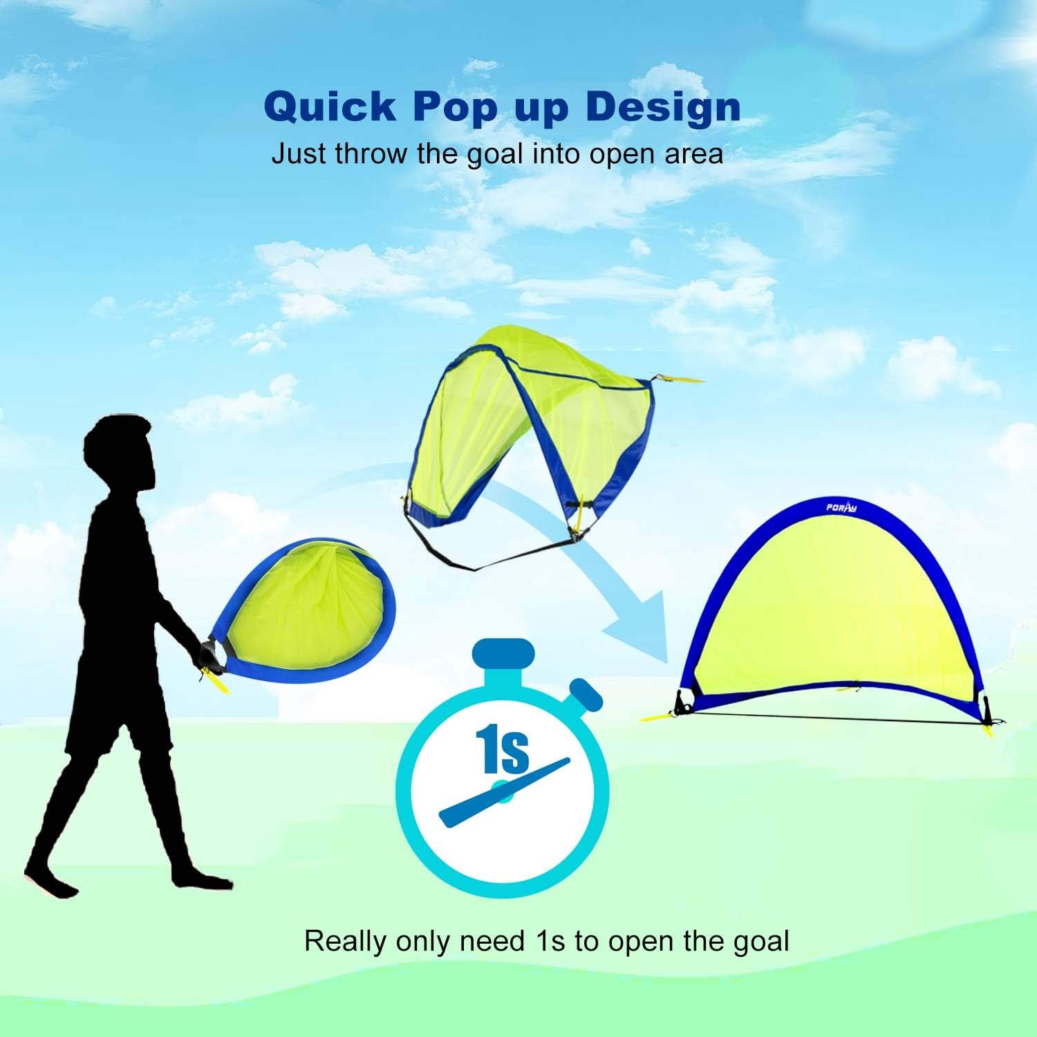 Poray Soccer Goal for Kid Easy-up Set of Two Portable Soccer Net 210D Oxford with 8 Field Marker Cones Extra Stakes