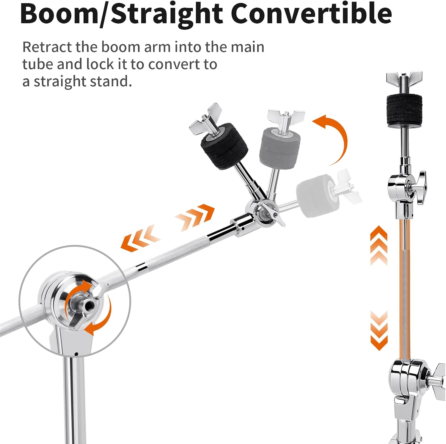 Heavy Duty Boom/Straight 2-in-1 Convertible Cymbal Stand | Upgraded Height Adjustable Drum Hardware with Double
