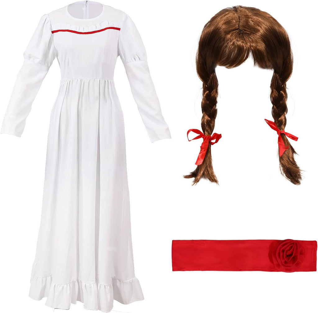 Halloween Annabelle Costume Adult Long White Dress Horror Scary Ghost Role Play Costume Annabelle Wig Cosplay Suits