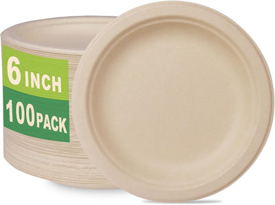 100 Count 6“ Small Compostable Dessert Plates, Heavy-duty Unbleached Biodegradable Bagasse and Bamboo fiber Paper Plates