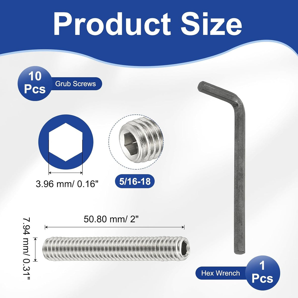 PATIKIL 5/16-18x2 Hex Socket Grub Screws, 10 Pcs Cup Point Set Screw with Wrench