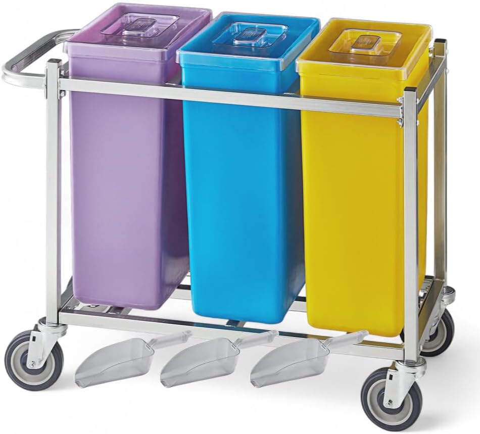 30-Gallon Mobile Triple Ingredient Bin with 3 Clear 24 oz Scoops – Three Color-Coded Containers on Casters for