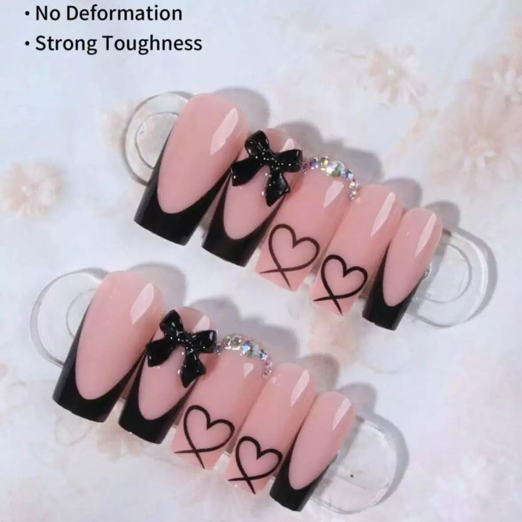 Press on Nails Square, Medium, Black French Tip Fake Nails