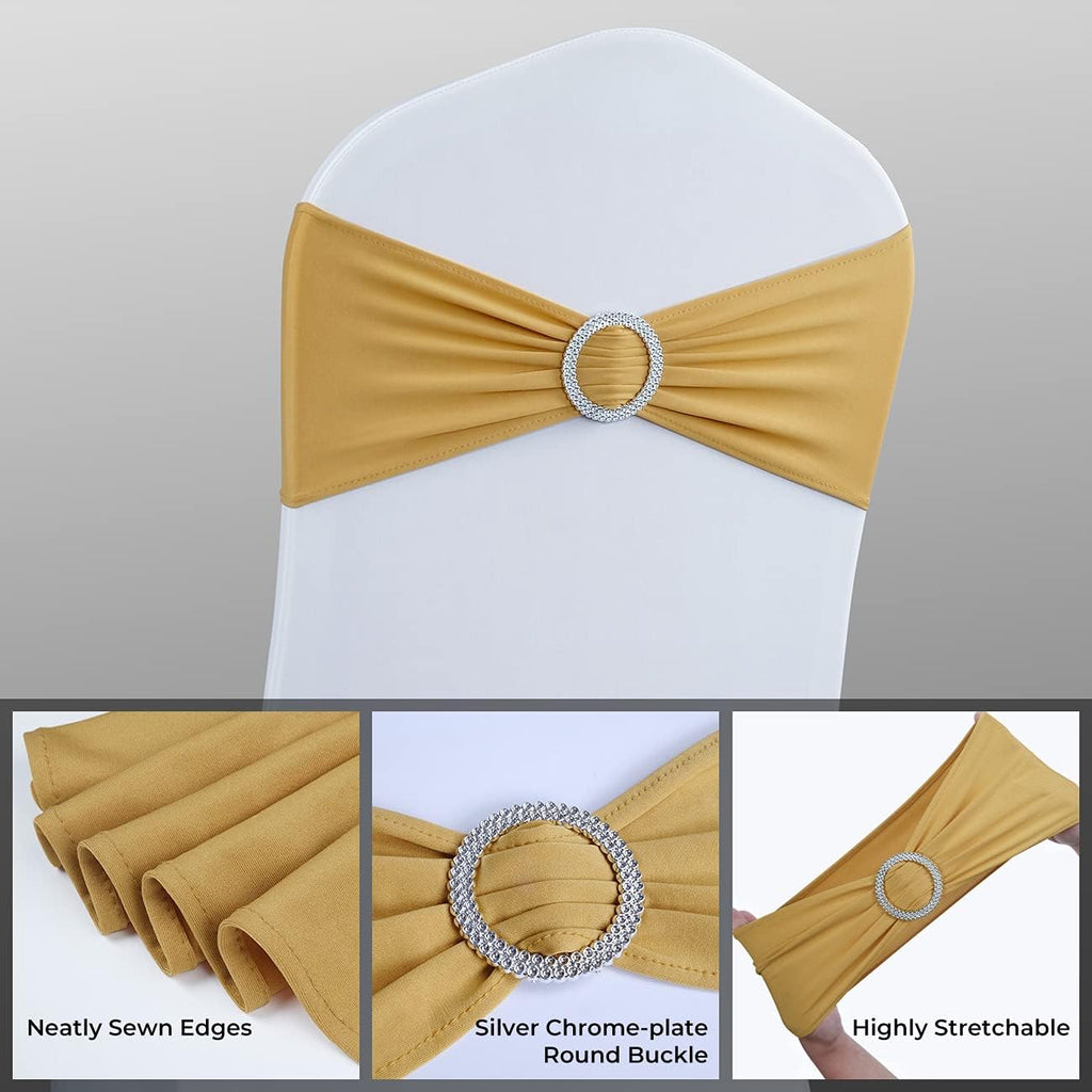 50PCS Spandex Chair Sashes Bows with Buckle for Wedding Deco, Gold