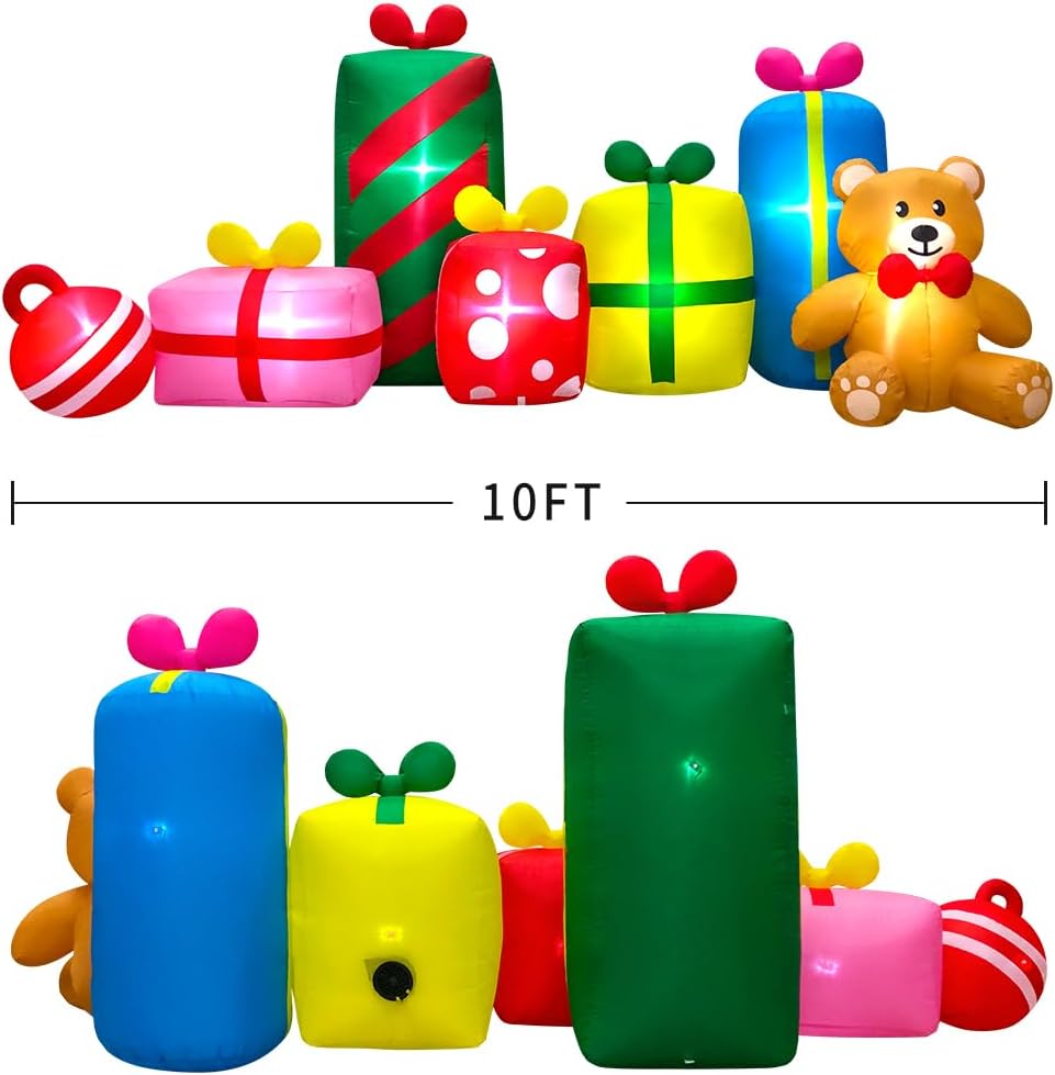10FT Giant Christmas Inflatables Outdoor Decorations Gift Boxes and Bear,Blow up Yard Decorations with LED Light for