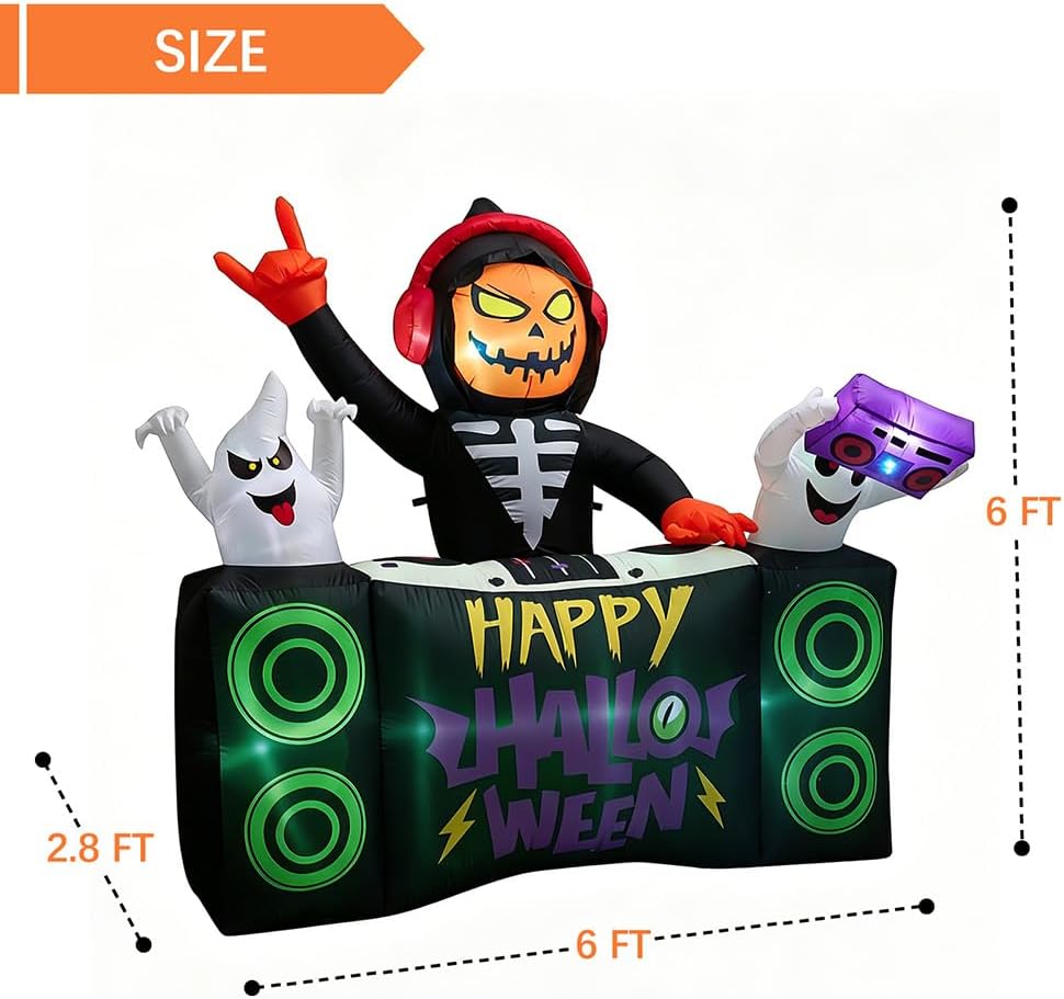 6 FT Halloween Inflatable Pumpkin Grim Reaper DJ Outdoor Décor | LED Projector Lighting, Fast Auto Inflate, Wind