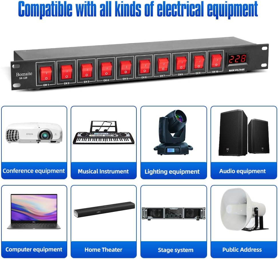 SR-128 10 Outlet Power Sequencer Conditioner - 15A 1800W AC power Rack Mount Switch Conditioner, Pro Audio Digital