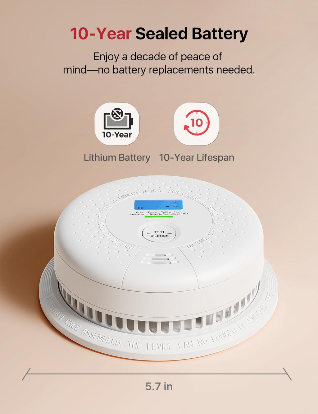 Smoke Detector and Carbon Monoxide Detector, SC01, 1-Pack | 10-Year Sealed Battery (Not Hardwired), Real-Time CO and