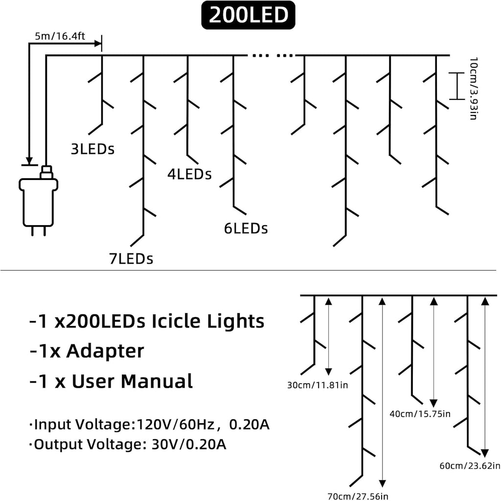 Christmas Outdoor Icicle Lights - 200 LED 21+16 FT 8 Modes Curtain Fairy String Light Plug in, Waterproof for Eaves