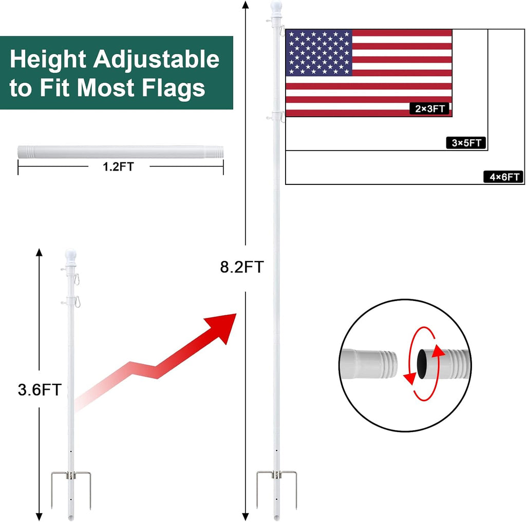 Yard Flag Pole for Outside Ground - 8.5 ft Tangle Free Heavy Duty Flag Pole Kit with 2 Anti-Tip Prong Base,Portable