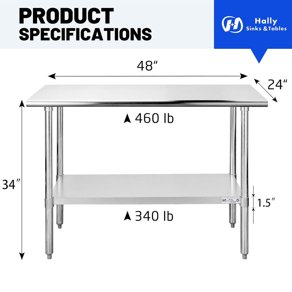Hally Stainless Steel Table for Prep & Work 24 x 48 Inches NSF Commercial