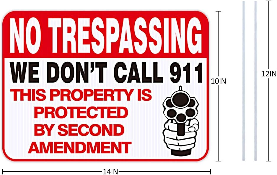 Funny No Trespassing Signs Private Property, 10''X14'' No Trespassing Yard Sign with Stakes, Safety & Privacy Gun