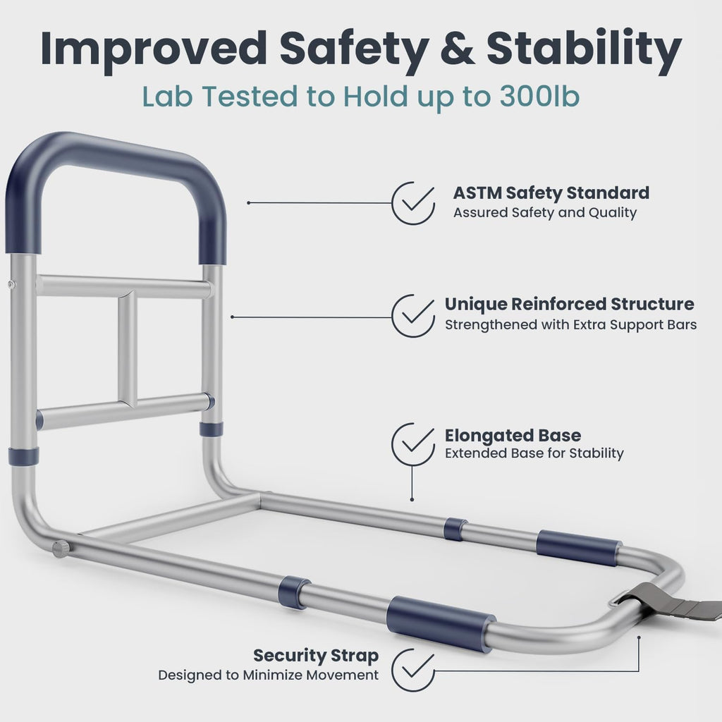 Bed Rails for Elderly Adults Safety, ASTM Compliant, Adjustable Bed Rail with Non-Slip Ergonomic Handle and Storage