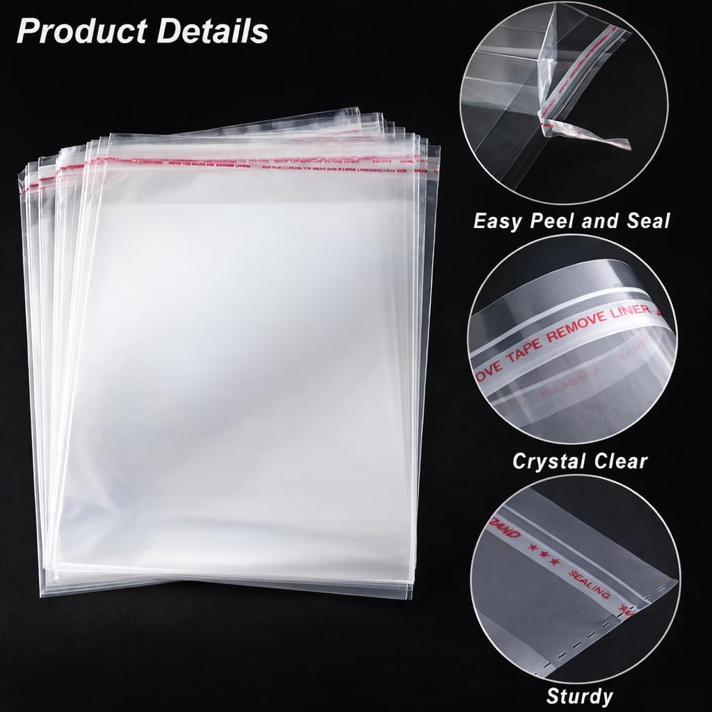 Clear Self Sealing Cellophane Bags for Shirts, 10x14 Inch, 100 Pcs