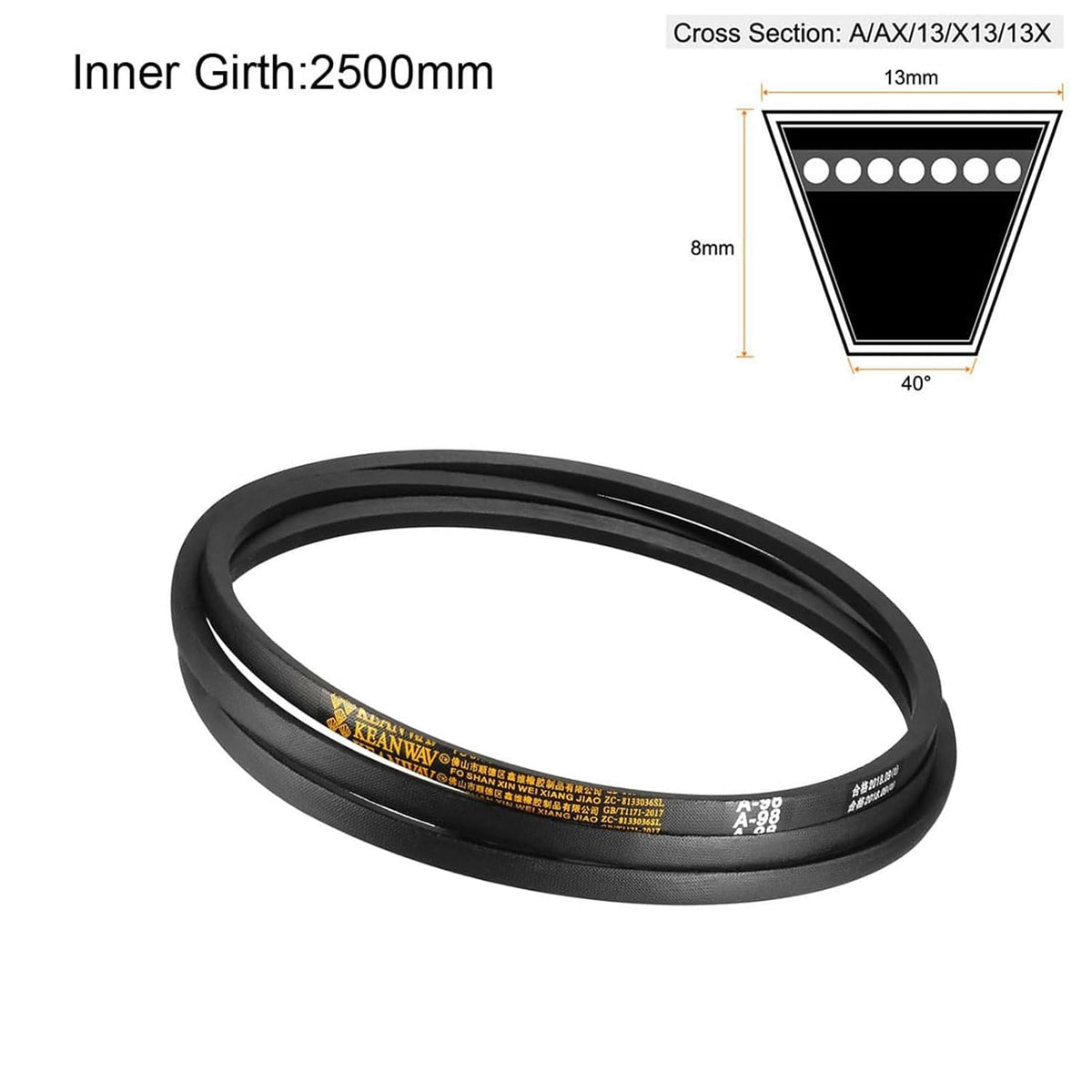 V-Belt 98" Inner Length 13mm Top Width 8mm Thick A-Section Oil-Heat Resistant Rubber Drive Belt for Industrial Transmission A98（2500mm） 1pcs