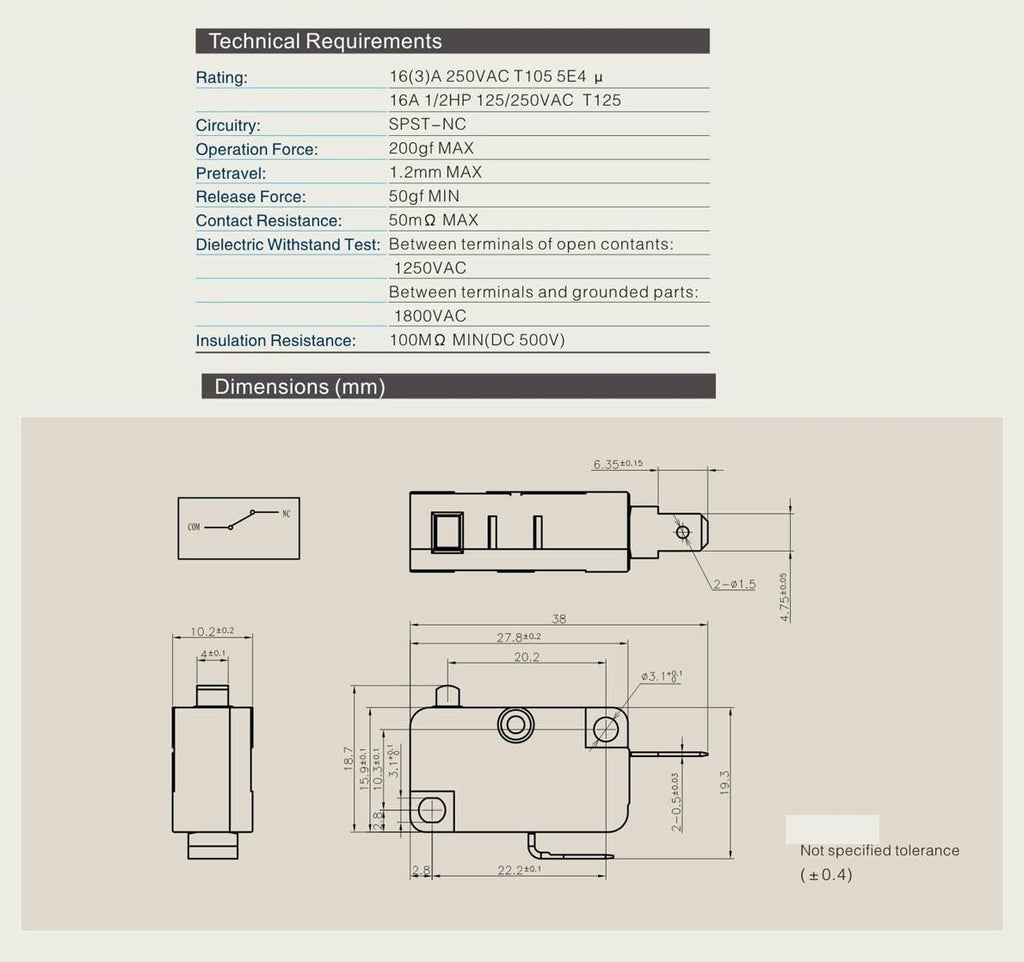 LF-10-02 Micro Limit Switch 2 Pins16A 125V/250V Door Interlock 2NO+1NC