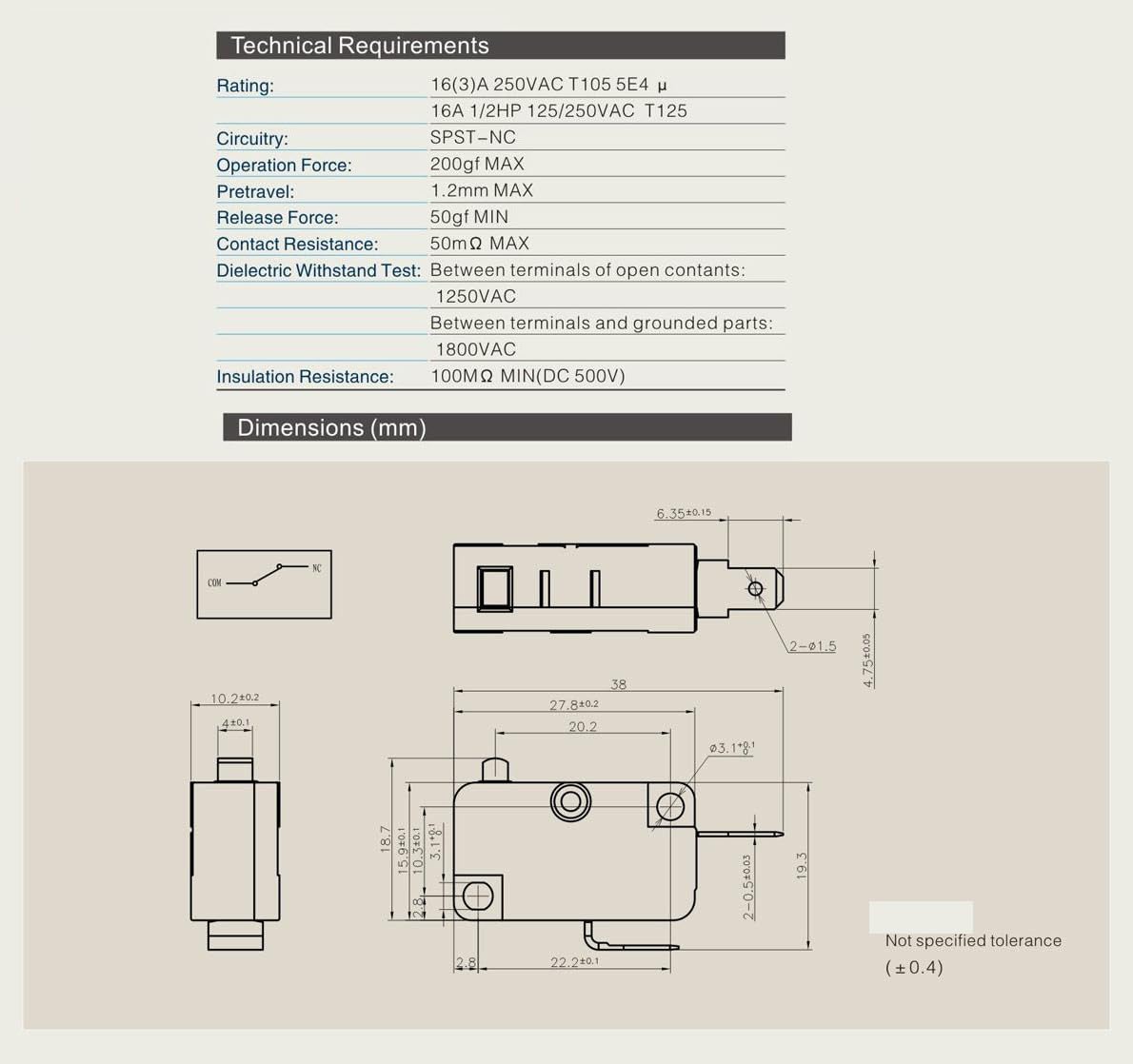 LF-10-02 Micro Limit Switch 2 Pins16A 125V/250V Door Interlock 2NO+1NC