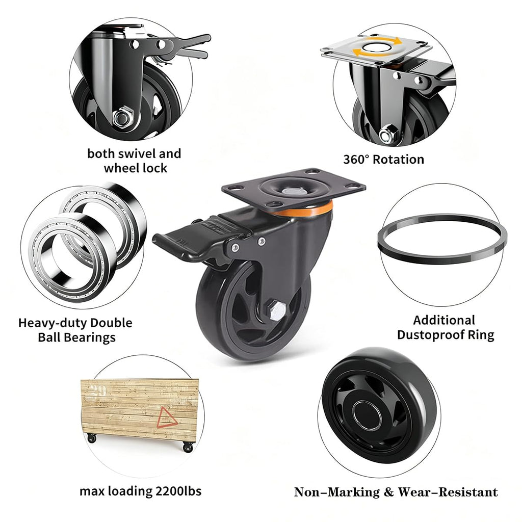 5 Inch Caster Wheels, Set of 6 Heavy Duty Swivel Plate Casters with Brake | Industrial Casters with Dual Ball