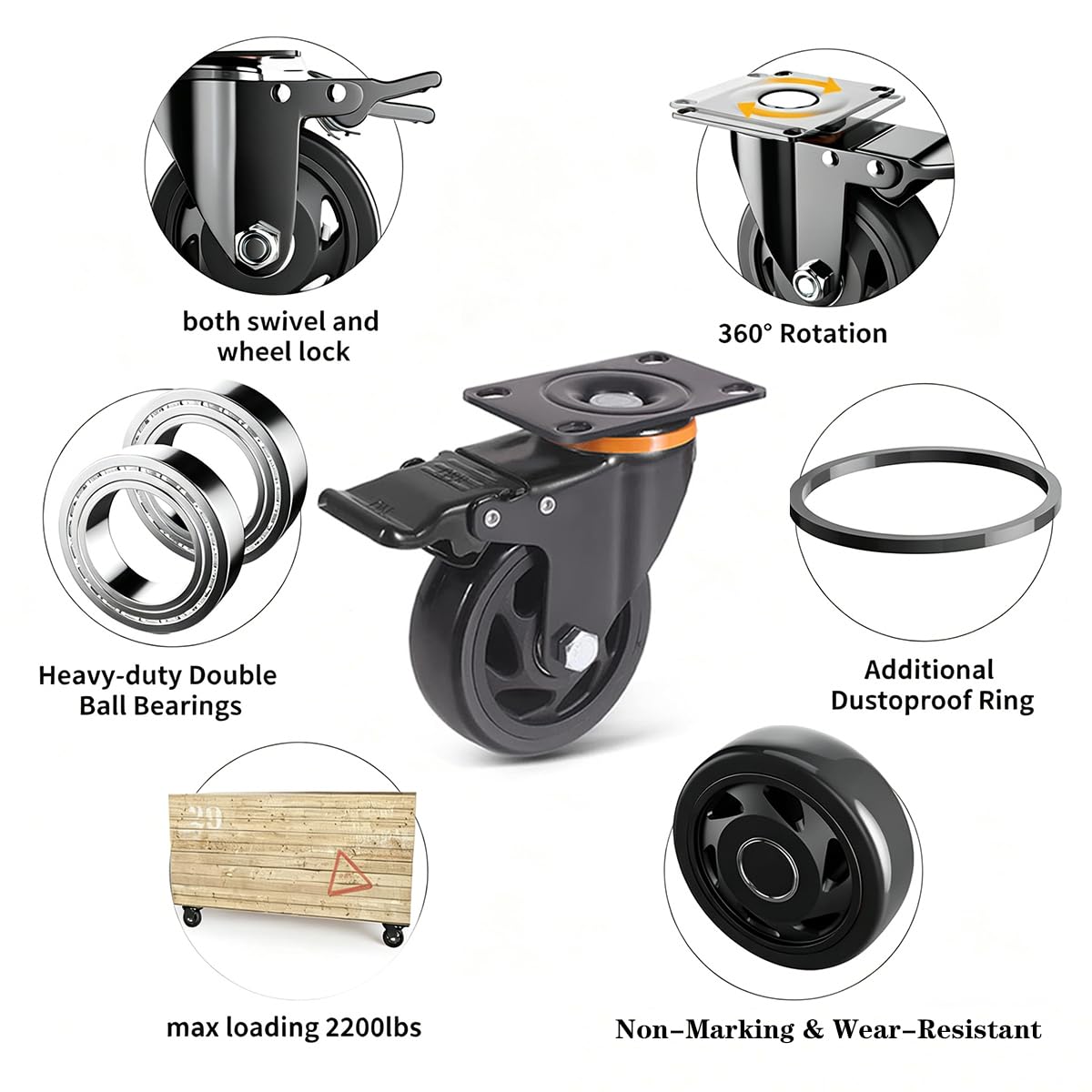 5 Inch Caster Wheels, Set of 6 Heavy Duty Swivel Plate Casters with Brake | Industrial Casters with Dual Ball