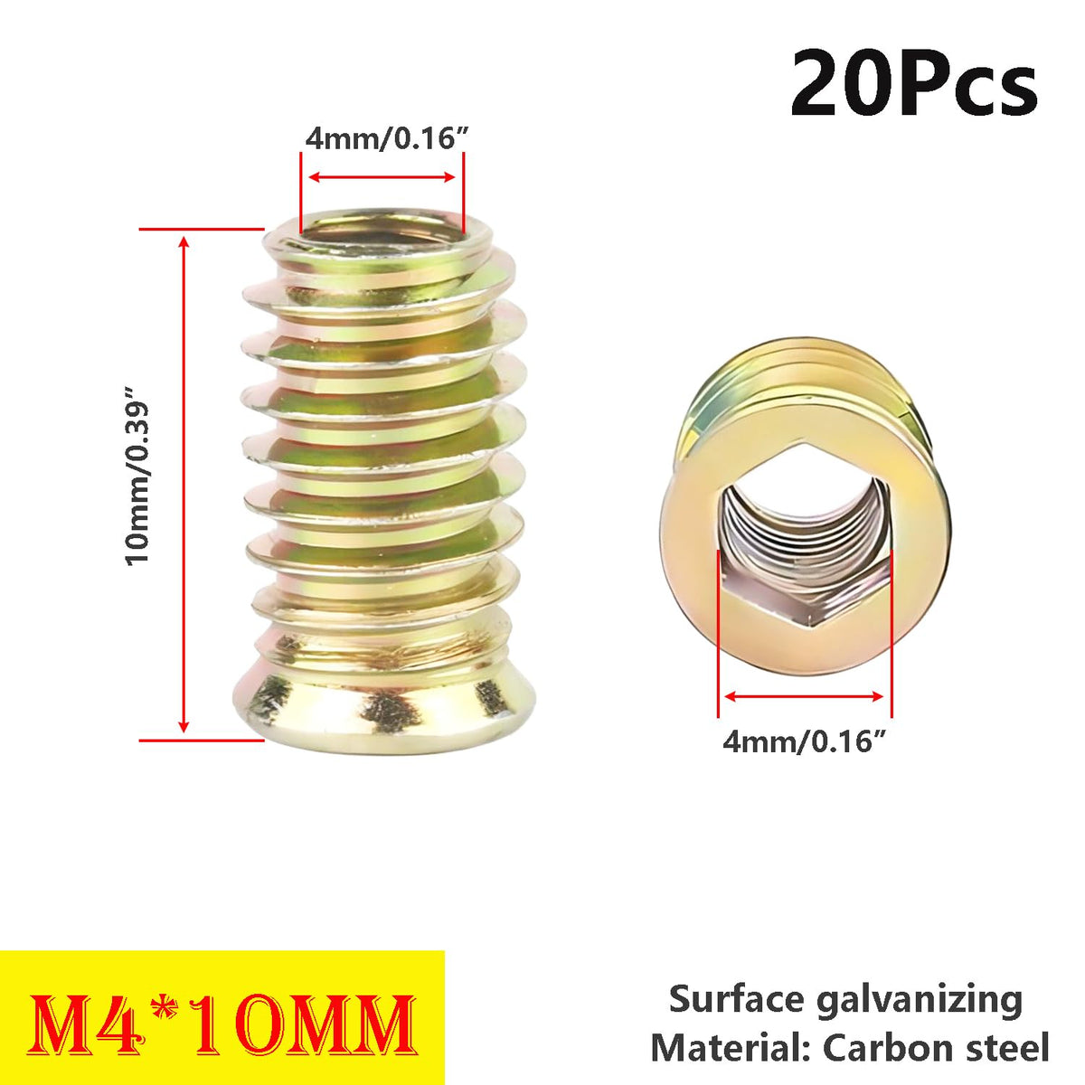 Qrity 20 Pcs Threaded Insert, Hex Drive Threaded Inserts for Wood, Furniture Nuts, Hex Socket Drive M4x10mm, Wood Inserts