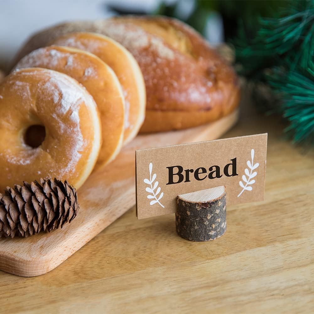 20Pcs Wood Place Card Holders and 24Pcs Kraft Table Place Cards, Rustic Table Number Holders, Food Labels, Name Card