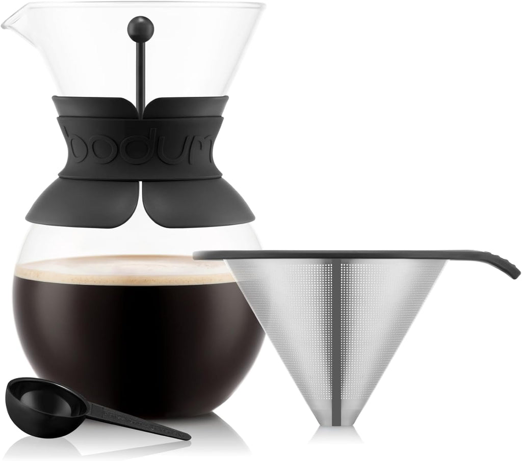34oz Pour Over Coffee Maker, High-Heat Borosilicate Glass with Reusable Stainless Steel Filter and Black Band Grip