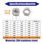 1/2-13 Lock Nut, 20Pcs 304 Stainless Steel Nylock Insert Locking Nuts