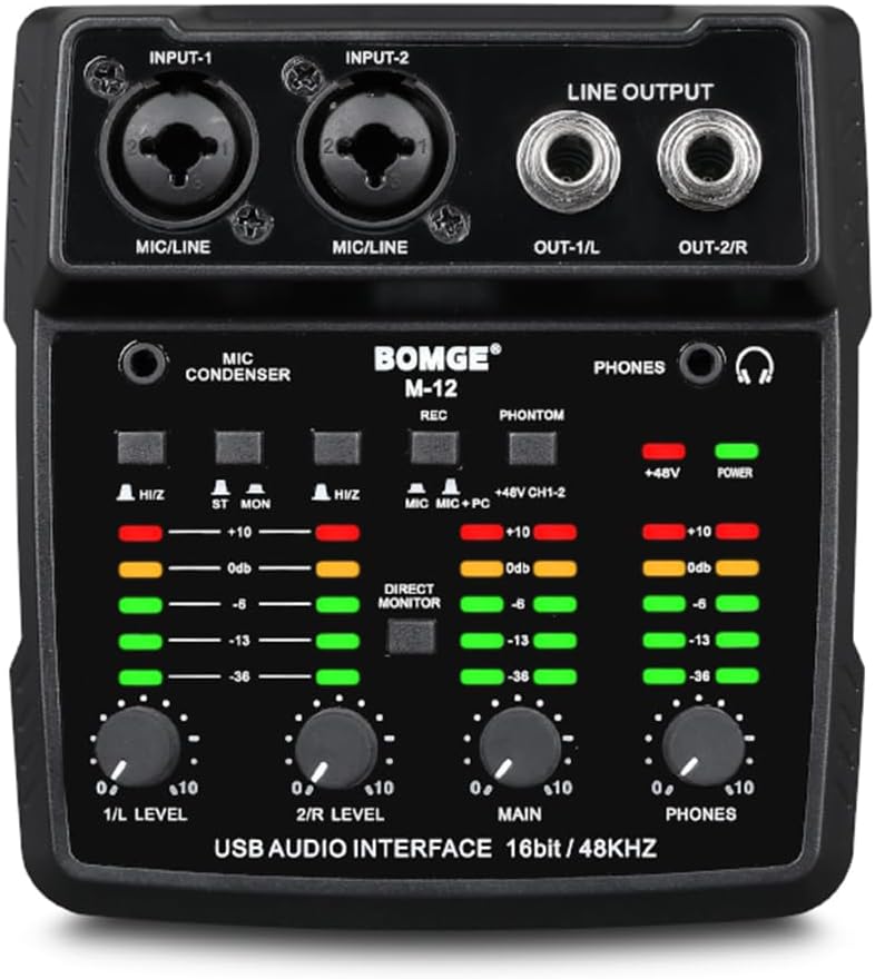 M12 USB Audio Interface, 2-Channel Mixer, XLR/3.5mm Input, 48V Power Supply, Sound Card for PC Recording, Studio