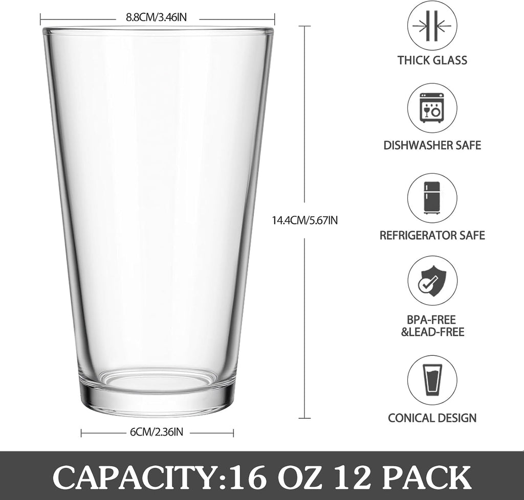 16 Oz Beer Pint Glasses Set of 12