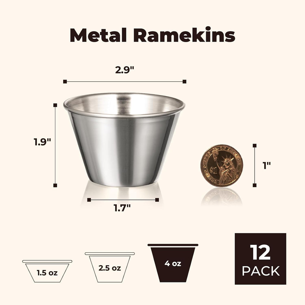 [12 Pack 4 oz Stainless Steel Dipping Sauce Cups, Reusable Metal Ramekins, Commercial Grade Condiment Bowls