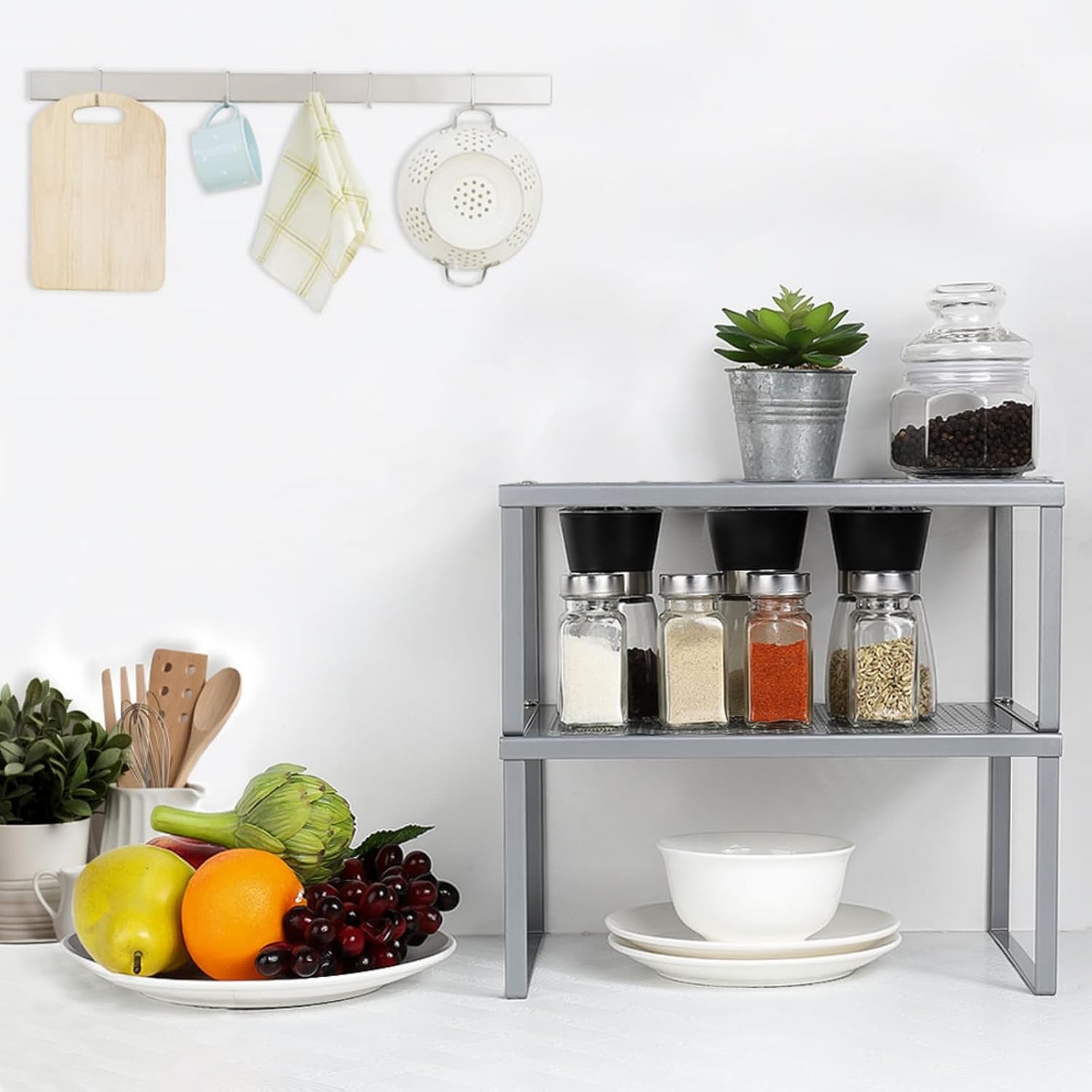 Kitchen Shelf Organizer for Counter Cupboard Pantry, Set of 2 Cabinet Shelf Organizer Spice Rack, Stackable, Metal