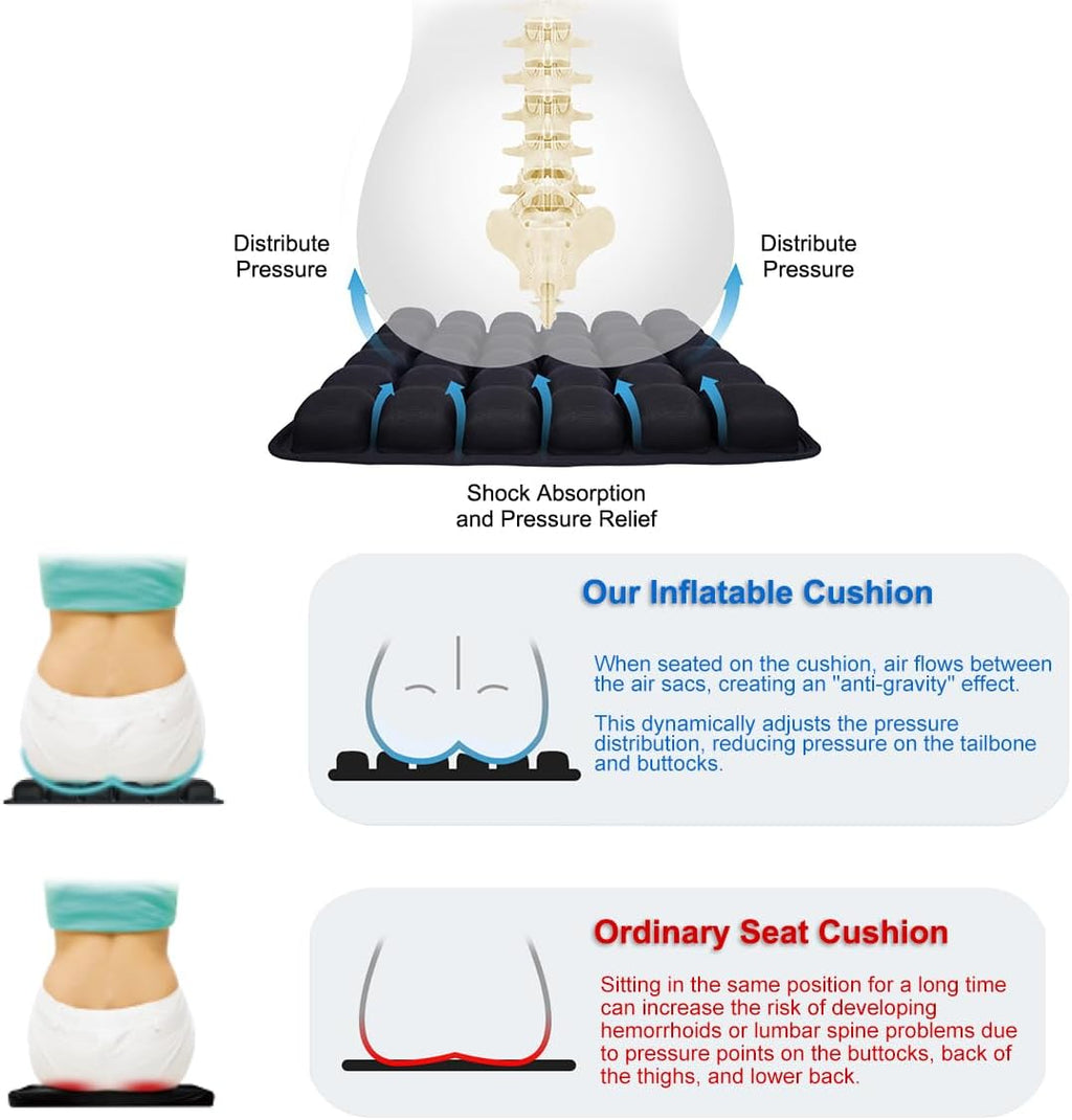 3D Air Cell Inflatable Pressure Relief Seat Cushion, Portable Self-Inflating Pad with Anti-Slip Bottom for Office